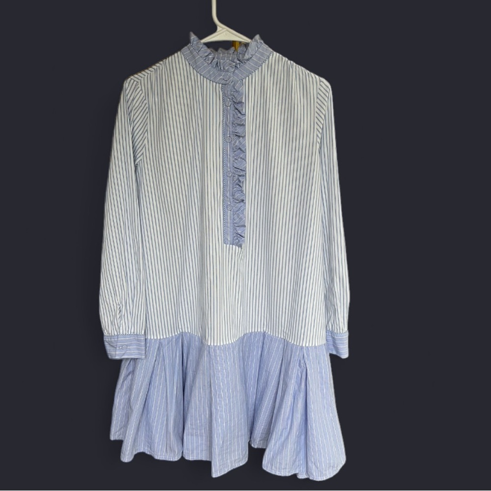 Tuckernuck Blue & White Striped Ruffle Collar Dress Button Front Size M Like New - Picture 2 of 9